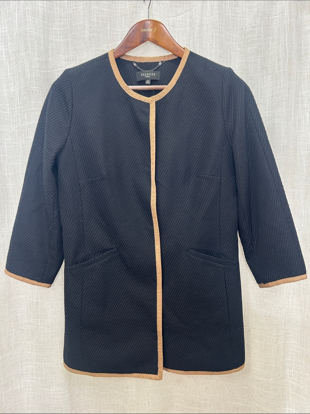 Talbots Black Jacket with Camel Trim Size 10 Petite Excellent Condition